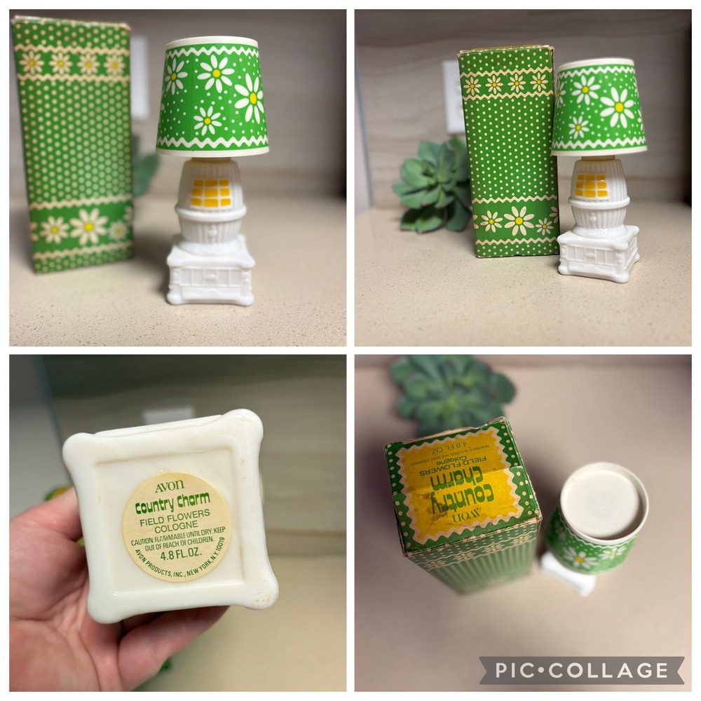 VTG Avon Country Charm Field Flowers Cologne Milk Glass Lamp Stove Bottle Box